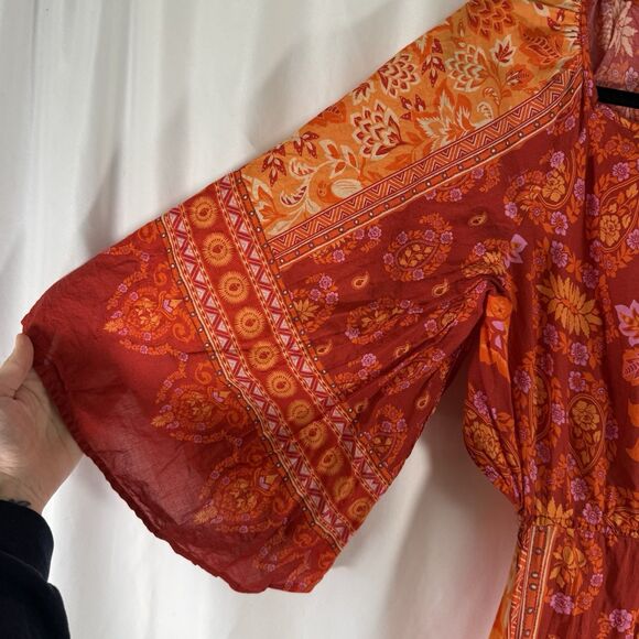 Farm Rio Anthropologie Dress Women's Medium Orange Red Floral Open Back Tie - Picture 9 of 16